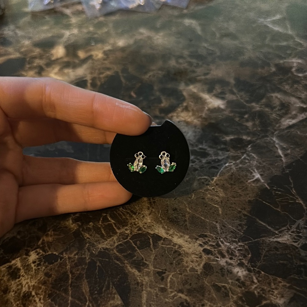 Silver and Green Frog Stud Earrings. #16